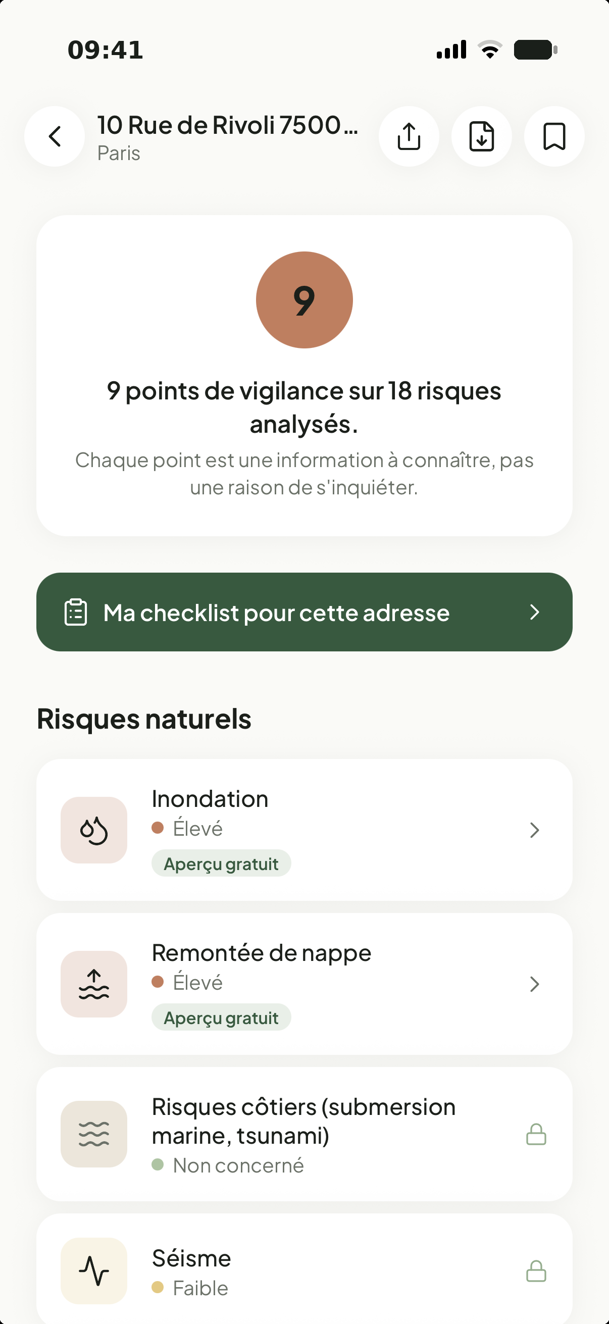 Diagnostic RisqCheck d'une adresse : score de synthèse et liste des risques