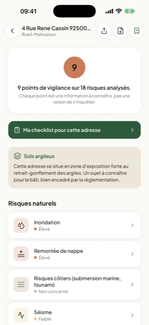 Diagnostic RisqCheck d'une adresse : score de synthèse et liste des risques